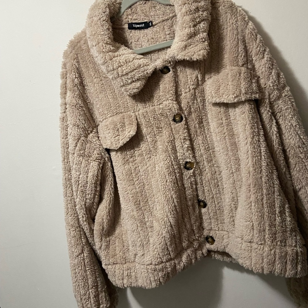 Tan Teddy Jacket Cozy Minimalist Style (fits like size L)